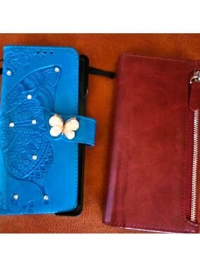 Galaxy Z-fold 2 Blue Butterfly Embossed Wallet and Red Zipper Wallet Cases